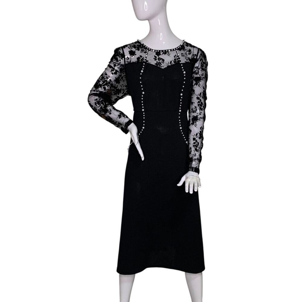 SHEIN Dress White Balls Decorated See Thru Lace Yoke and Sleeves Black Size 1XL